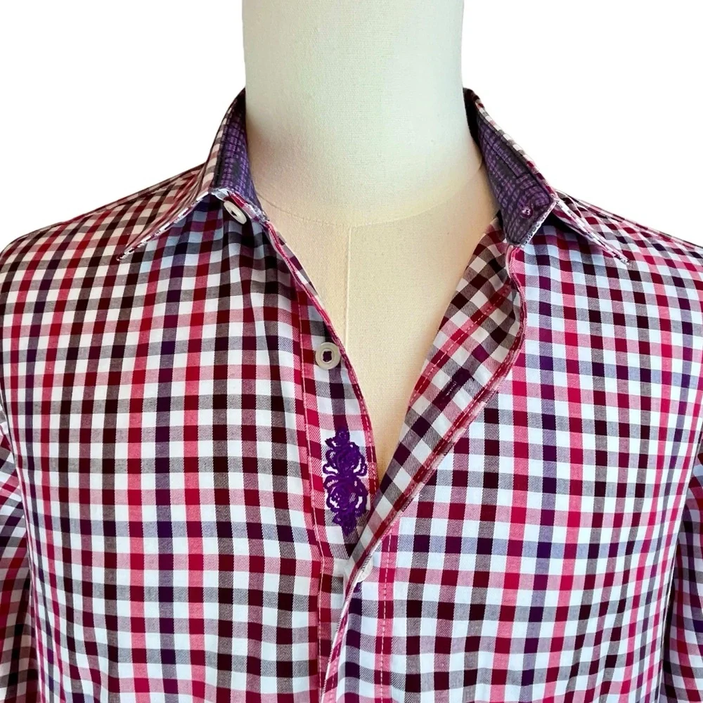 ROBERT GRAHAM Red Checked Gingham Shirt Men's Sz L‎ Fold Back Cuffs Long Sleeve - Picture 7 of 14